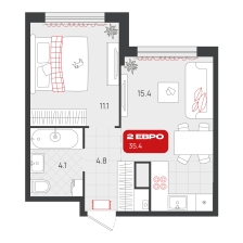 1-комнатная, 35.4 м²