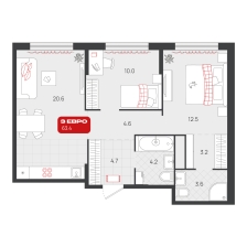 2-комнатная, 63.4 м²