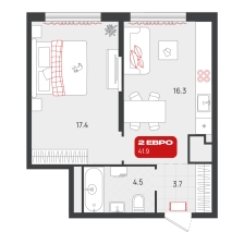 1-комнатная, 41.9 м²