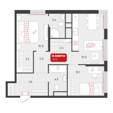 2-комнатная, 62.5 м²