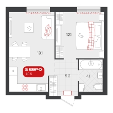 1-комнатная, 40.5 м²