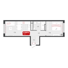 1-комнатная, 41.2 м²