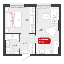 1-комнатная, 36.4 м²