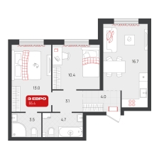 2-комнатная, 55.4 м²