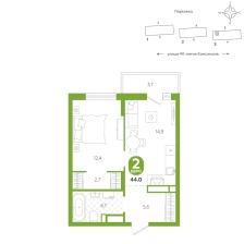 1-комнатная, 44 м²