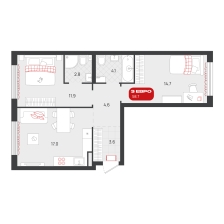 2-комнатная, 58.7 м²