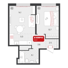 1-комнатная, 44.2 м²