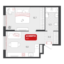 1-комнатная, 40.1 м²