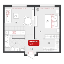 1-комнатная, 45.7 м²