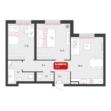 2-комнатная, 60.5 м²