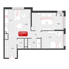 2-комнатная, 64.4 м²
