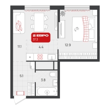 1-комнатная, 37.3 м²