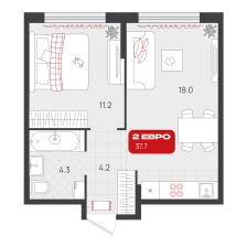 1-комнатная, 37.7 м²