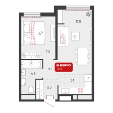 1-комнатная, 43.1 м²