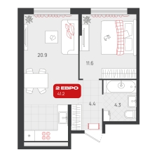 1-комнатная, 41.2 м²