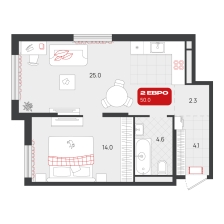 1-комнатная, 50 м²