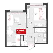 1-комнатная, 35.6 м²