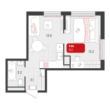 1-комнатная, 33.1 м²