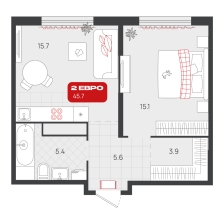 1-комнатная, 45.7 м²