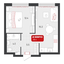 1-комнатная, 38.4 м²