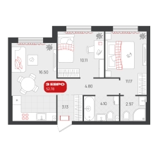 2-комнатная, 52.8 м²