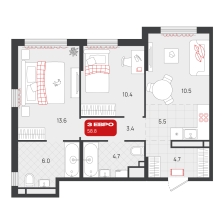 2-комнатная, 58.8 м²