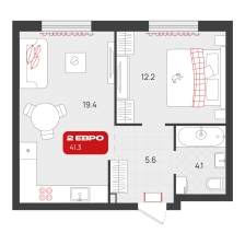 1-комнатная, 41.3 м²