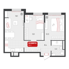 2-комнатная, 56.3 м²