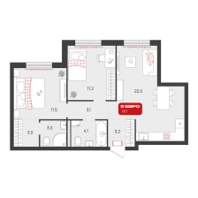 2-комнатная, 61.1 м²