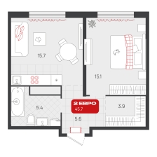 1-комнатная, 45.7 м²