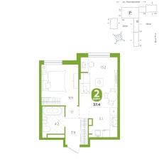 1-комнатная, 37.4 м²