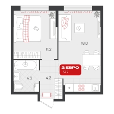 1-комнатная, 37.7 м²