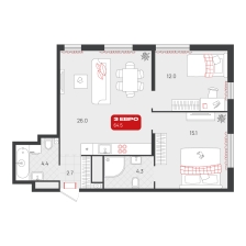 2-комнатная, 64.5 м²