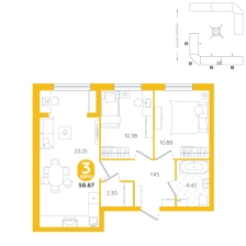 2-комнатная, 58.7 м²