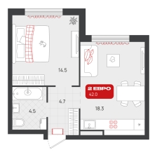 1-комнатная, 42 м²