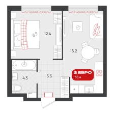1-комнатная, 38.4 м²
