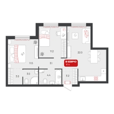 2-комнатная, 61.4 м²