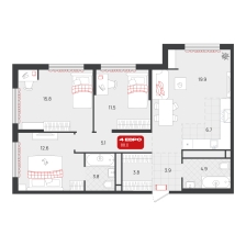 3-комнатная, 88 м²