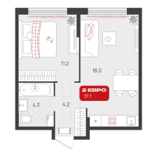 1-комнатная, 37.7 м²