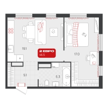1-комнатная, 46.5 м²