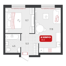 1-комнатная, 39.3 м²
