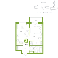 1-комнатная, 45.3 м²
