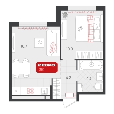 1-комнатная, 36.1 м²