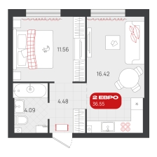 1-комнатная, 36.5 м²