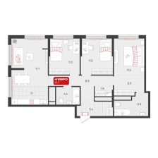 3-комнатная, 92.3 м²
