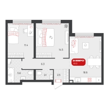 2-комнатная, 61 м²