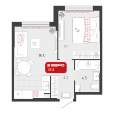 1-комнатная, 35.8 м²