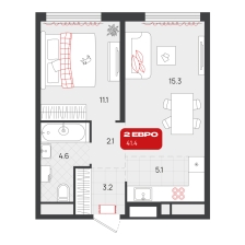 1-комнатная, 41.4 м²