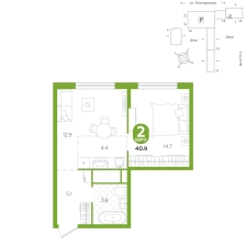 1-комнатная, 40.9 м²