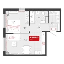 1-комнатная, 45.4 м²